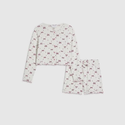 Girls White Bow Pointelle Cardigan Pyjamas