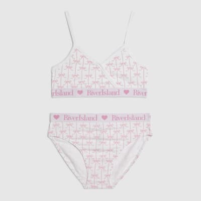 Girls White Bow Print Crop Top And Brief Set