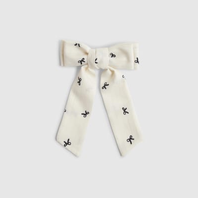 Girls White Bow Printed Hair Bow