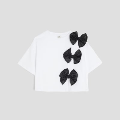 Girls White Bow Short Sleeve Crop Top River Island