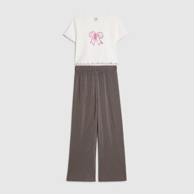 Girls White Bow T-Shirt And Trousers Set
