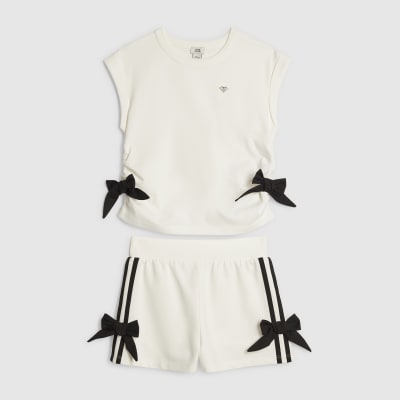Girls White Bow Tank Top And Shorts Set