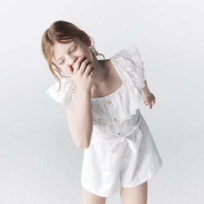 Girls white Broderie bardot playsuit