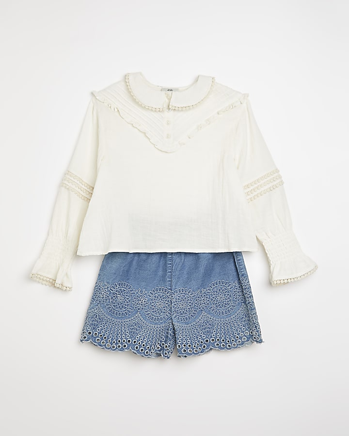 Girls white broderie blouse and shorts outfit