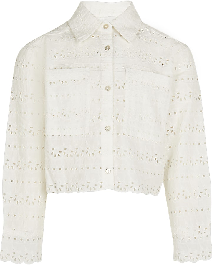 Girls white broderie cropped shacket