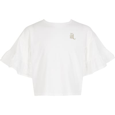 Girls white broderie frill cropped T-shirt | River Island