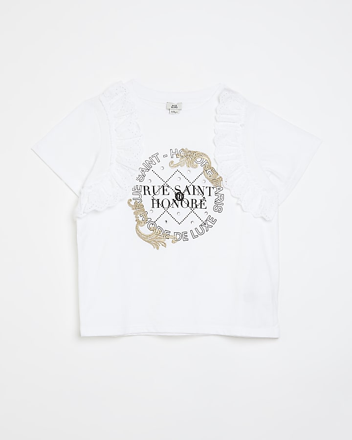 Girls white broderie frill graphic t-shirt