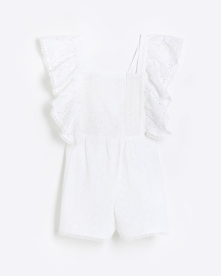 Girls white broderie frill playsuit