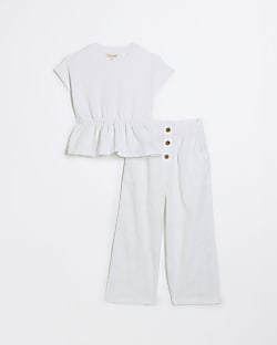 girls white broderie top and trouser set