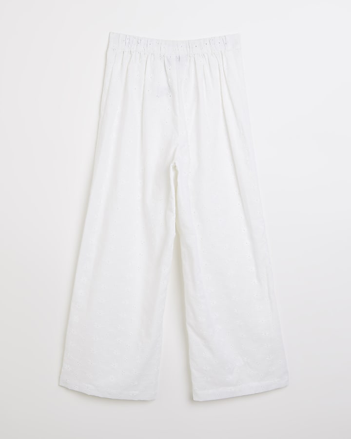 Girls white broderie wide leg trousers