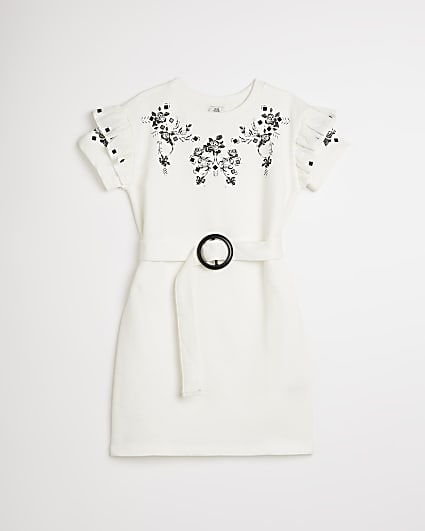 Girls white broidery studded belted dress