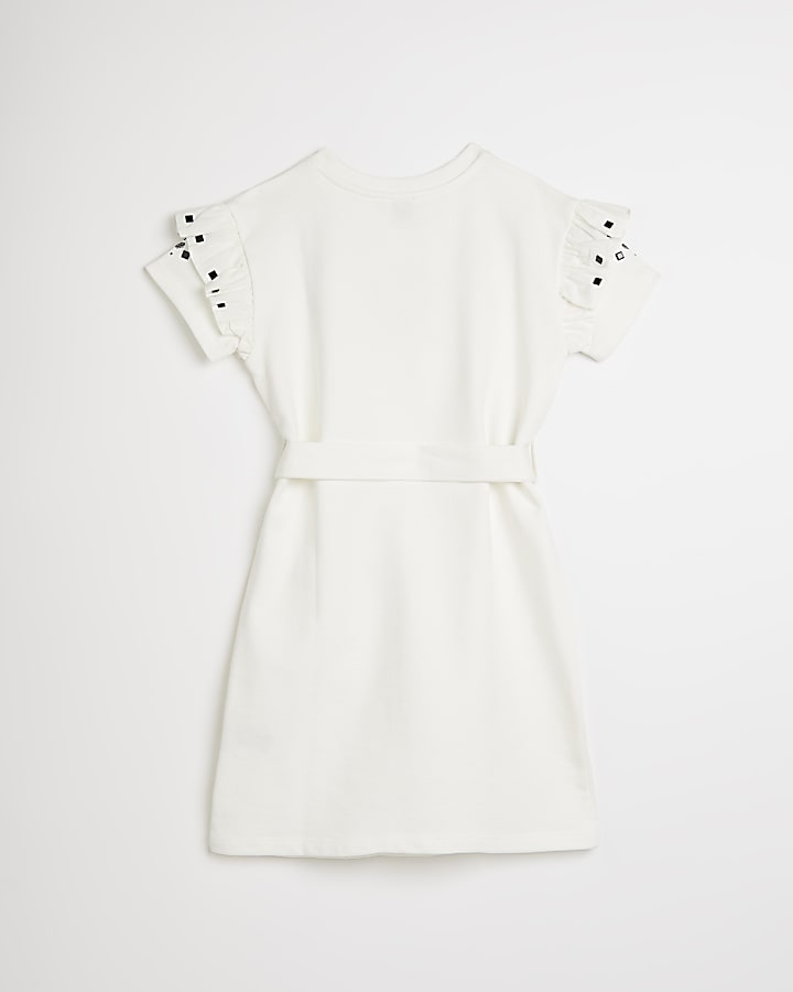 Girls white broidery studded belted dress