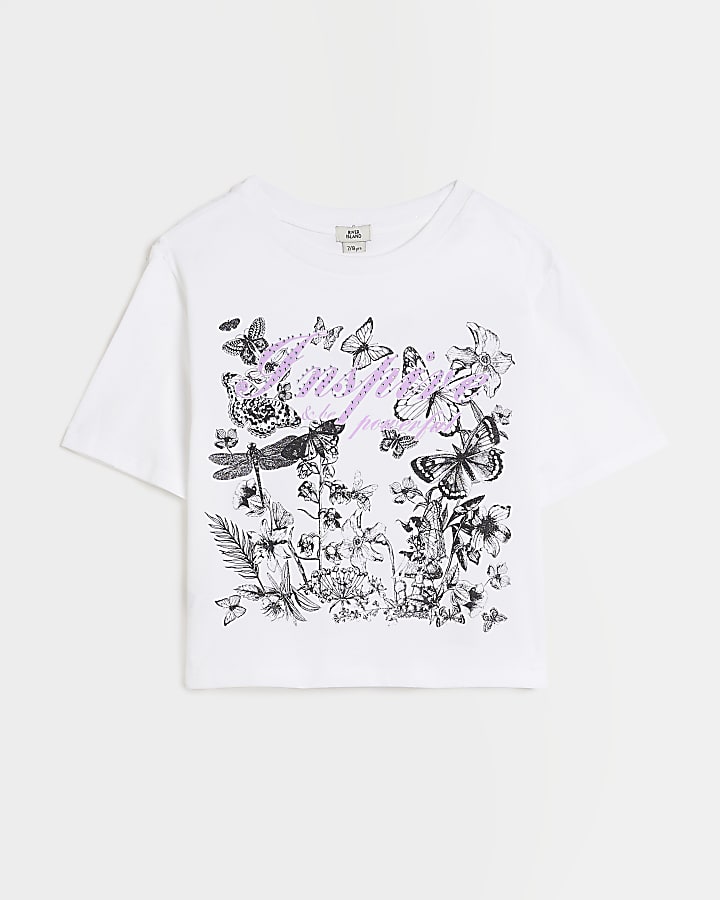 Girls White Butterfly Graphic T-shirt