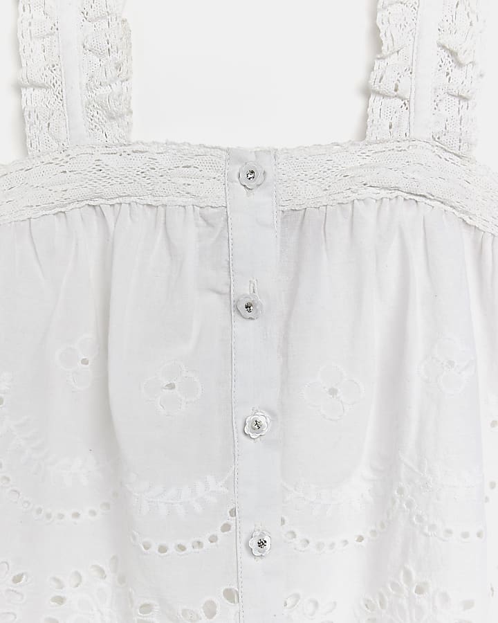 Girls white button front broderie cami top