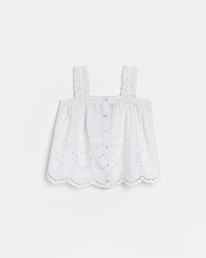 Girls white button front broderie cami top