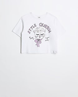 Girls white cat print crop t-shirt