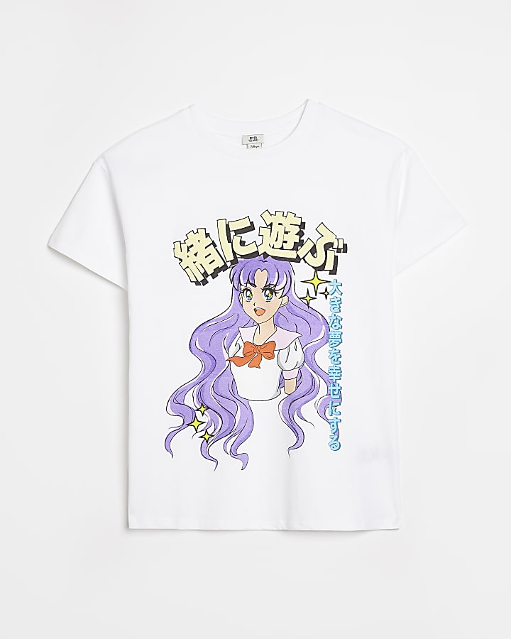 Girls White Character Print T-shirt