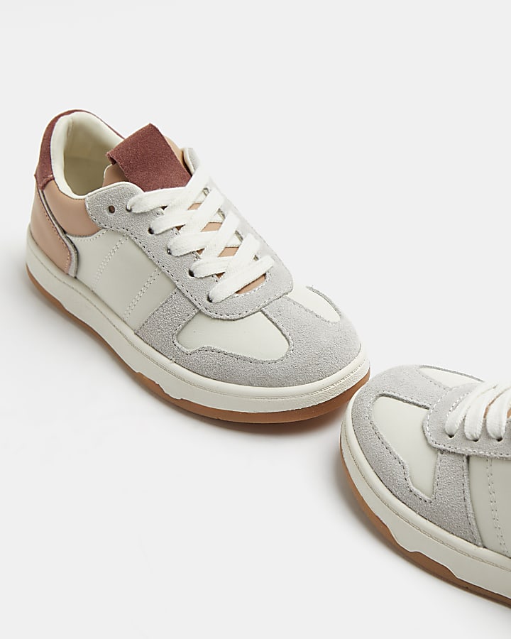 Girls white colour block suede trainers