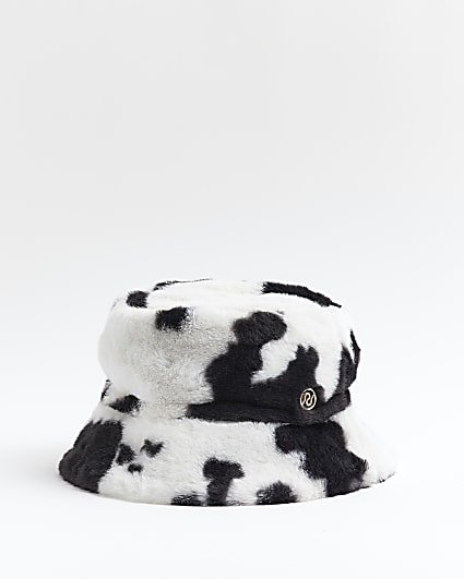 Girls White Cow Print Faux Fur Bucket Hat