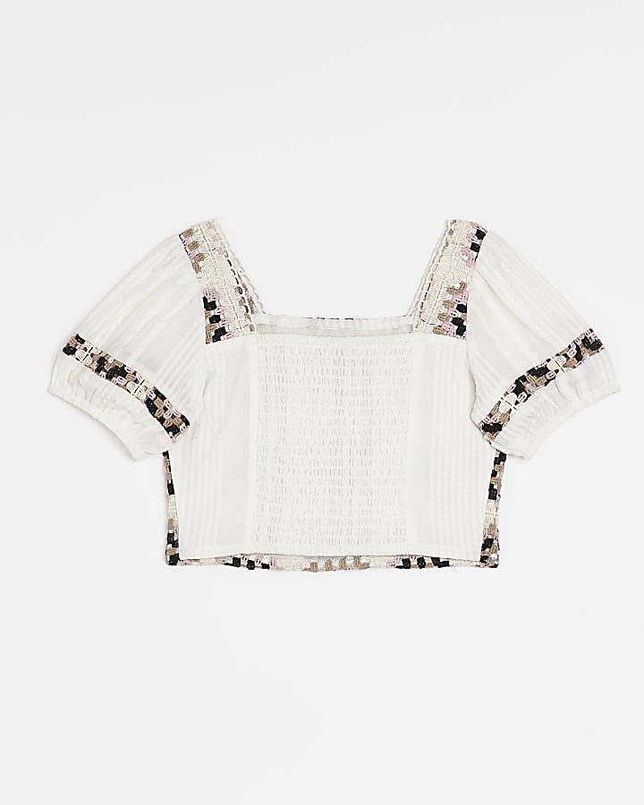 Girls white Crochet Puff Sleeve crop top