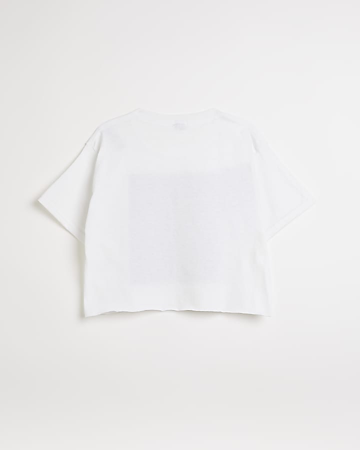 Girls white cropped box print t-shirt