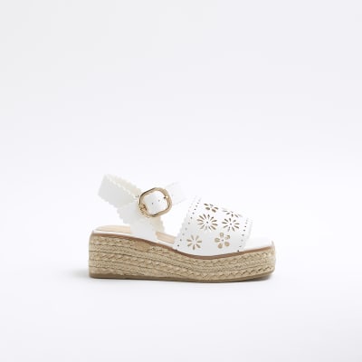 Girls white cut out scallop wedge sandals River Island