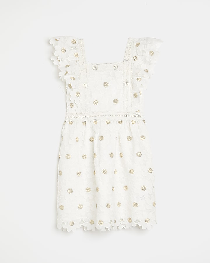 Girls white daisy floral lace dress