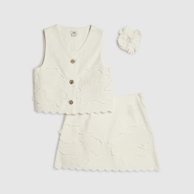 Girls White Denim Waistcoat And Shorts Set