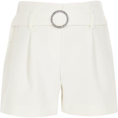 Girls white diamante belted shorts | River Island