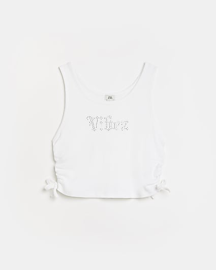 Girls white diamante 'Vibez' ribbed vest top