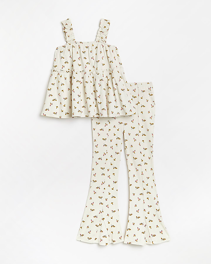 Girls white ditsy floral print ribbed outfit