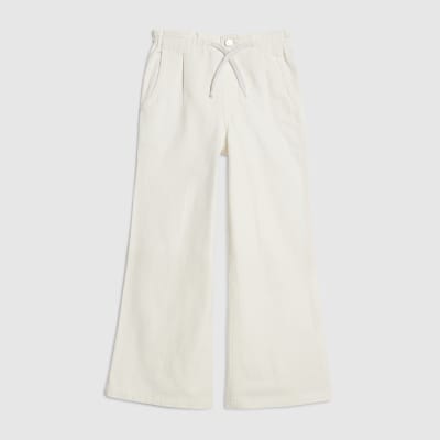 Girls White Drawstring Wide Leg Jeans