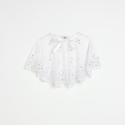 Girls White Embellished Cape