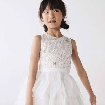 Girls white embellished flower girl dress River Island