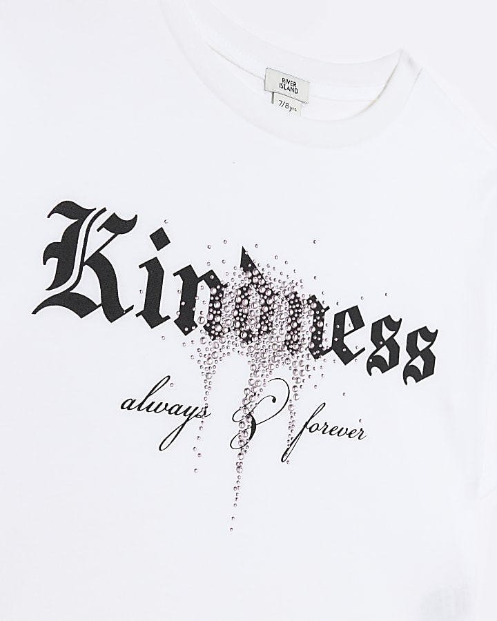Girls white embellished kindness crop t-shirt