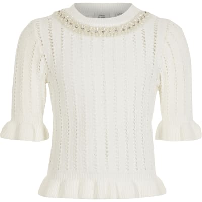 Girls white embellished knitted frill jumper River Island