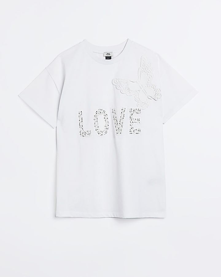 Girls White Embroidered Butterfly T-shirt
