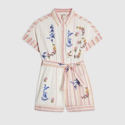 Girls White Embroidered Floral Playsuit