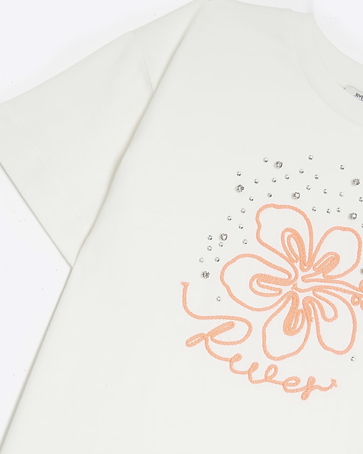 Girls white embroidered flower t-shirt