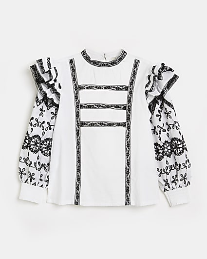 Girls white embroidered frill blouse