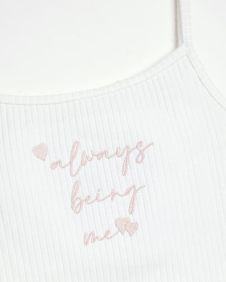 Girls white embroidered rib cami top