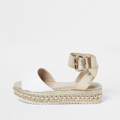 Girls white espadrille flatform wedge sandals | River Island