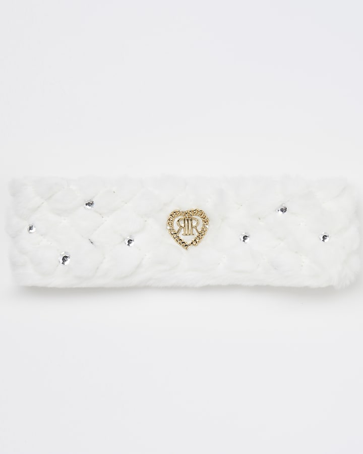 Girls white faux fur quilted headband