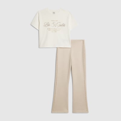 Girls White Flared Faux Suede Trousers Set