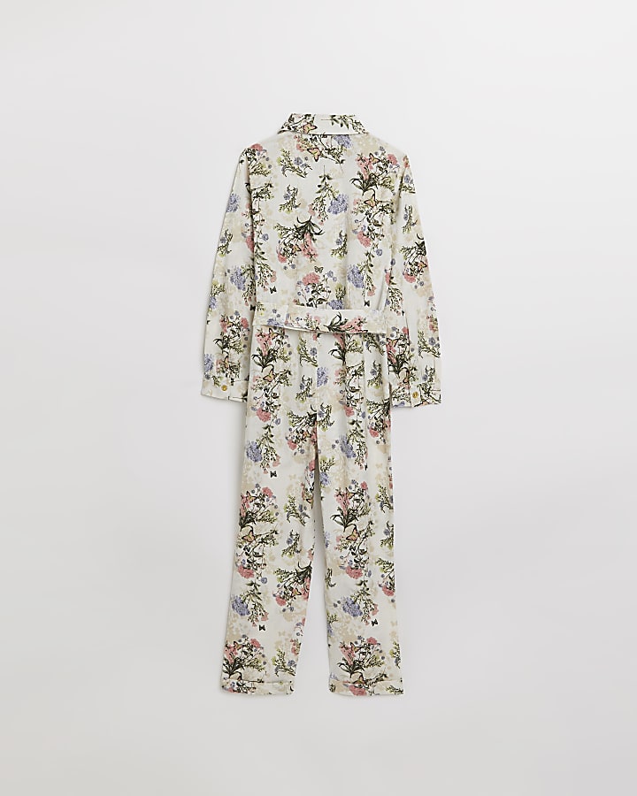 Girls white floral belted jumpsuit