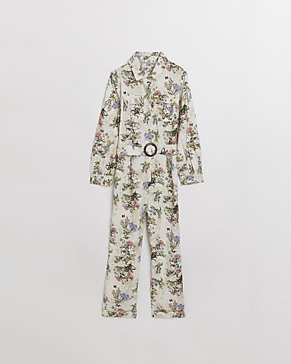 Girls white floral belted jumpsuit