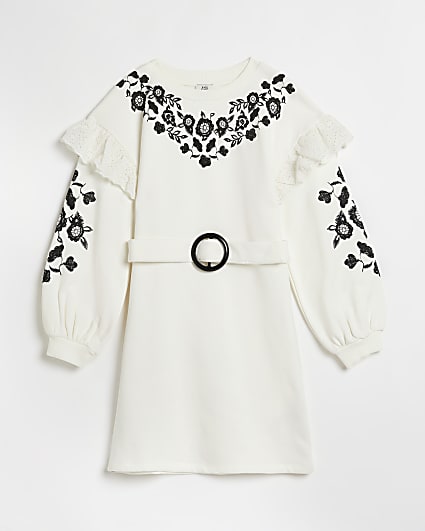 Girls white floral belted sweater dress