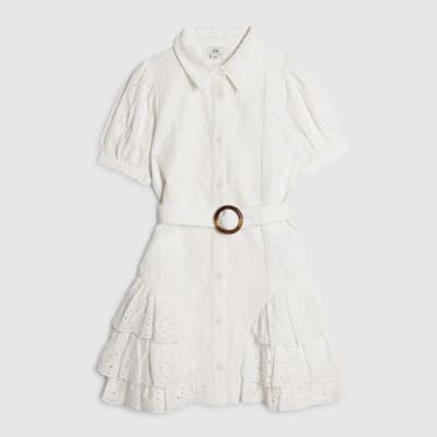 Girls White Floral Broderie Shirt Dress