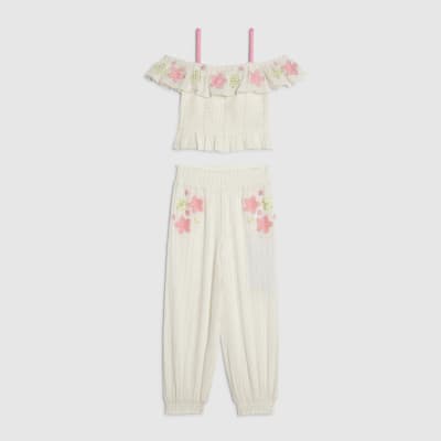 Girls White Floral Cami & Trousers Set