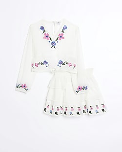 Girls White Floral Embroidered Blouse Set